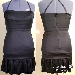 Black Satin Corset Mini Dress w/ Ruffled & Mesh Trim